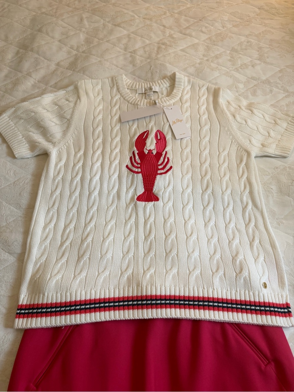 Lilly Pulitzer coastal Cream Cable Knit Short-Sleeve Sweater Red Lobster size lg
